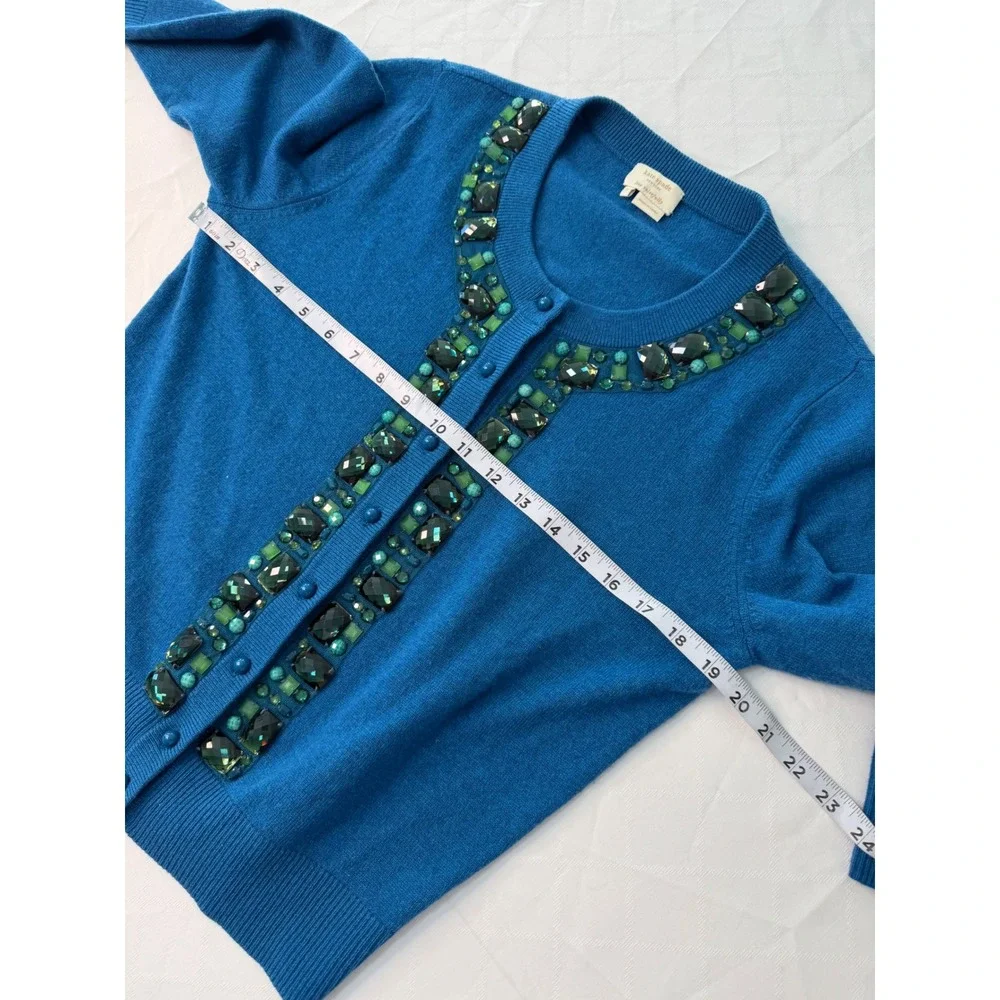 Kate Spade Teal Cardigan Rhinestone Embellished Wool Cashmere Medium Y2K Preppy